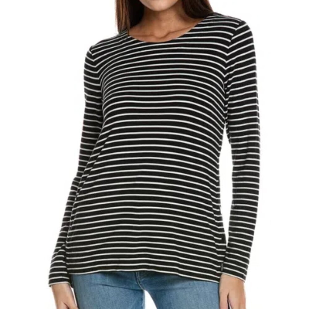 CAbi Side snap tunic tee short top blouse knit black white stripe stretch new XS